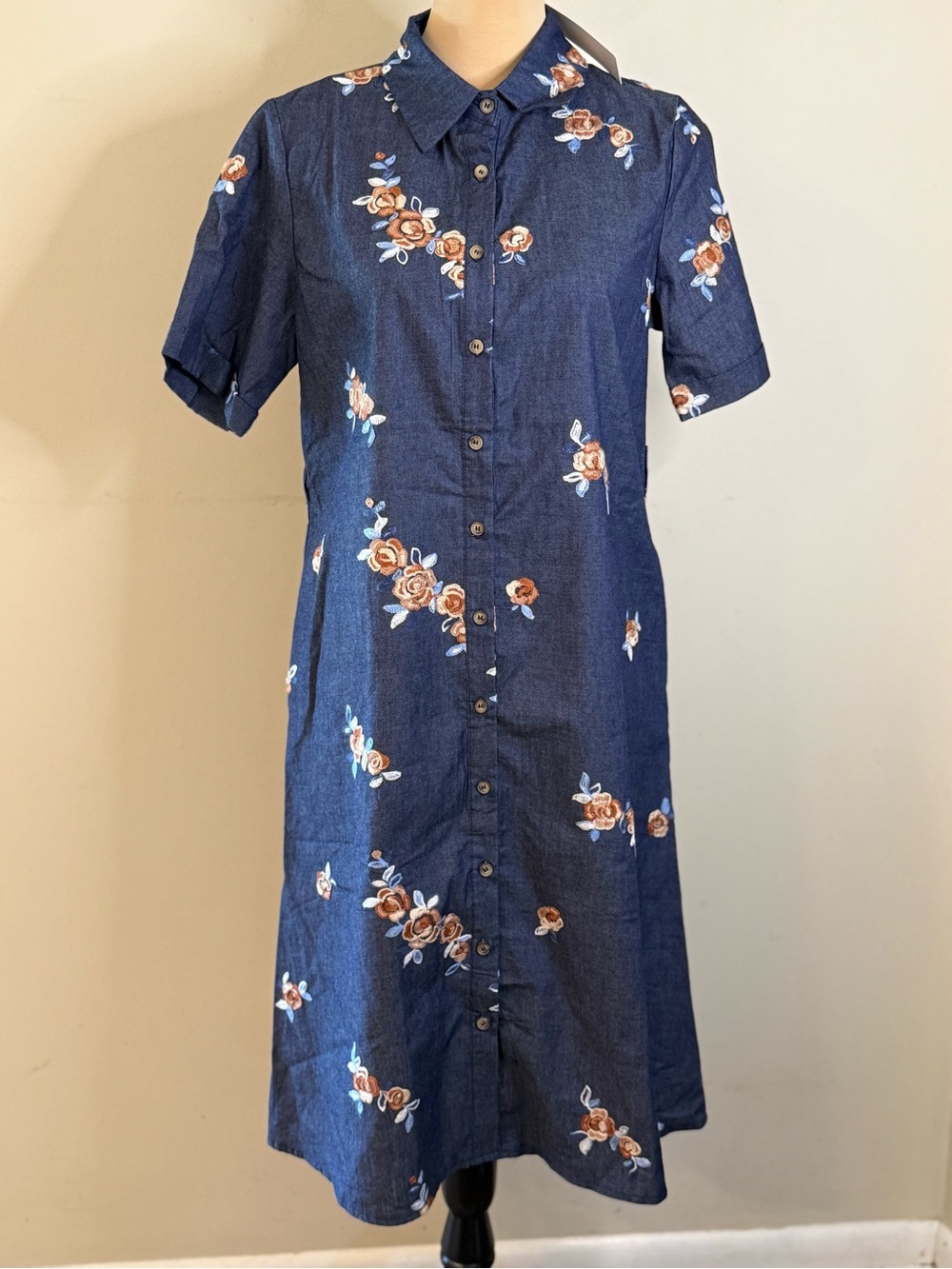 Petallush western floral embroidered chambray denim midi dress pockets SZ M